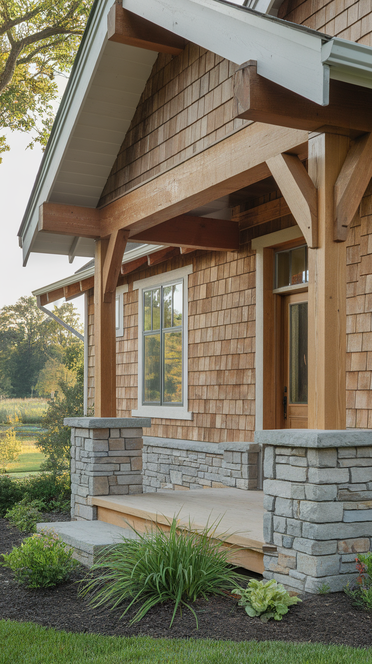 A cozy home entrance featuring wooden shingles, stone porch, and lush greenery.