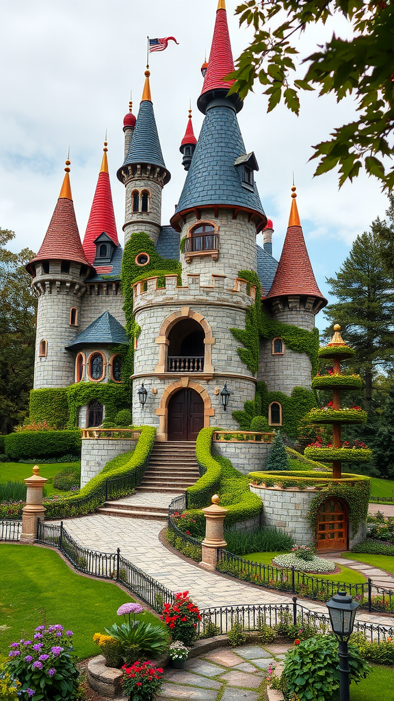 A colorful fairy tale castle surrounded by gardens and trees.