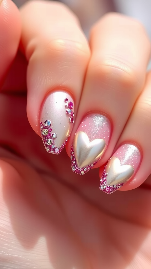 Nails decorated with metallic heart accents and colorful gems.