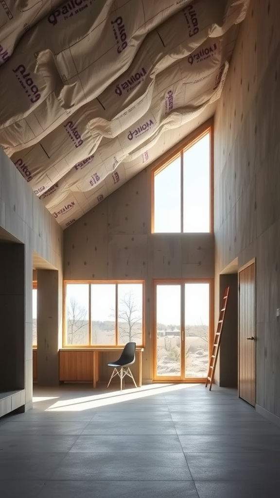 Interior of a modern concrete home showcasing large windows and insulation in the ceiling