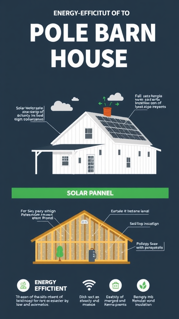 Infographic about energy efficiency in pole barn construction, featuring solar panels and insulation details.
