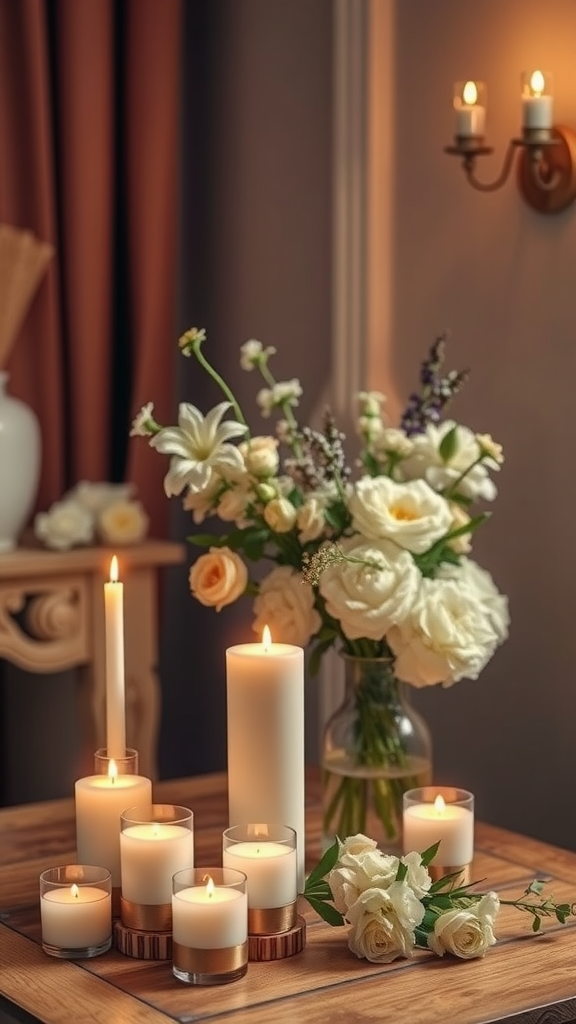 A cozy arrangement of candles and white roses on a wooden table, creating a warm and inviting atmosphere.