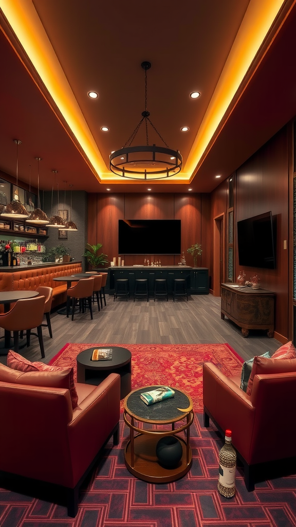 A stylish entertainment room featuring a bar, cozy seating, and warm lighting.