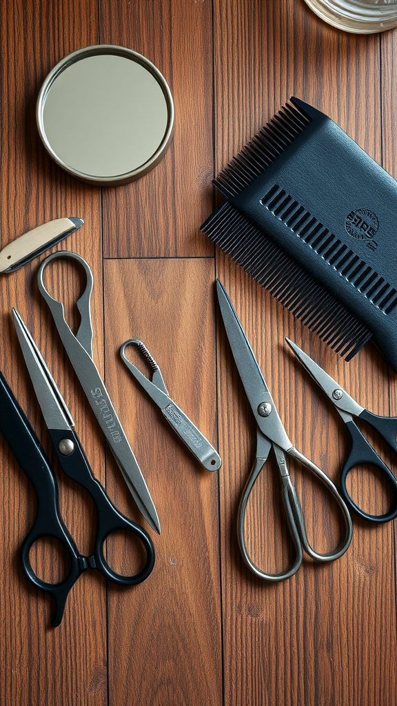 A collection of haircutting tools including scissors, a comb, and a mirror on a wooden surface.