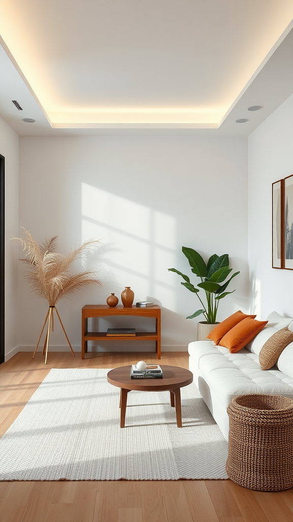 A minimalist living room with a white sofa, wooden coffee table, and indoor plants