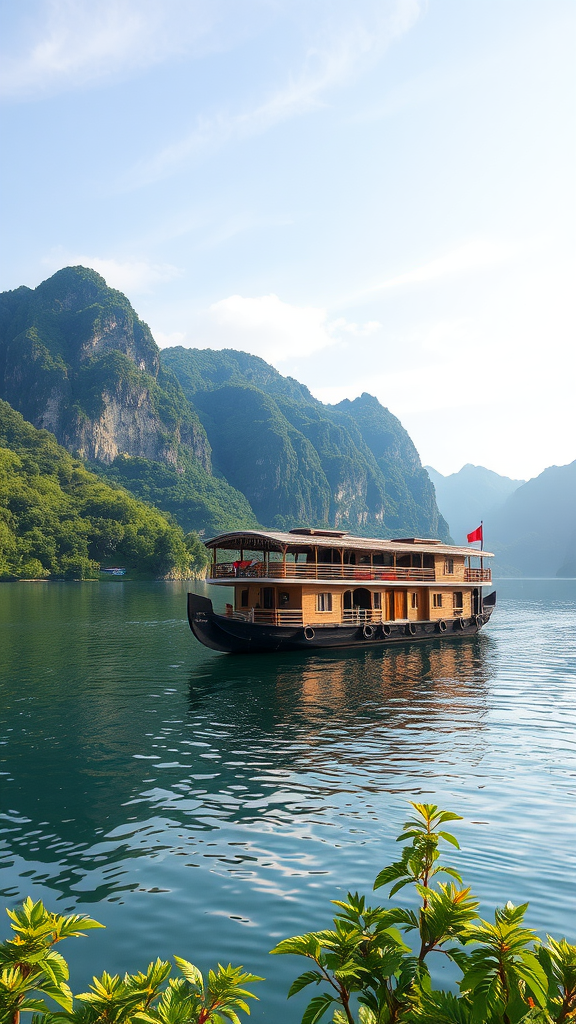A houseboat on calm waters with mountains in the background.