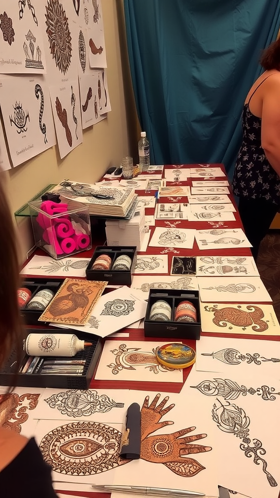 A table filled with henna tattoo designs and supplies, showcasing various patterns and bottles of henna paste.