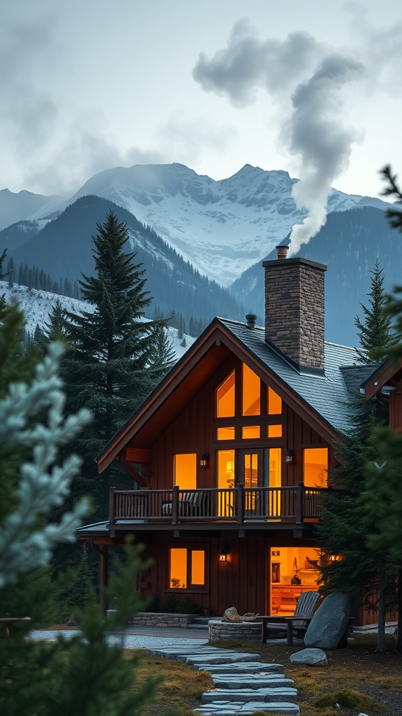 A cozy mountain house with smoke from the chimney, surrounded by trees and snow-capped mountains.