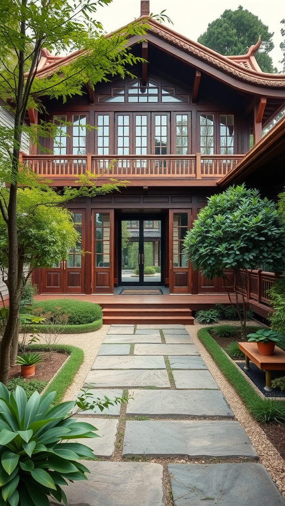 A beautiful Asian-inspired home with wooden features and a serene garden path.