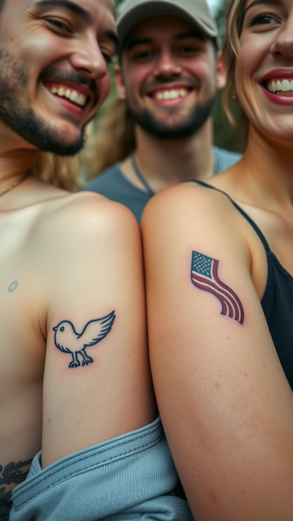 Three friends smiling together, showing off their tattoos: a bird on one arm and an American flag on another.
