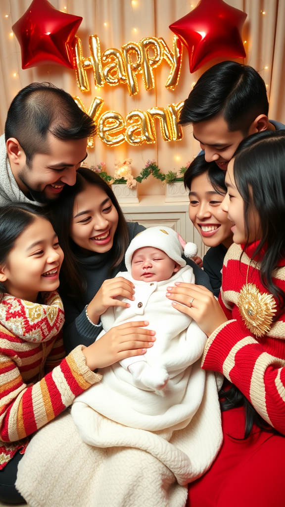 A joyful family celebrating with a newborn, surrounded by smiles and festive decorations.