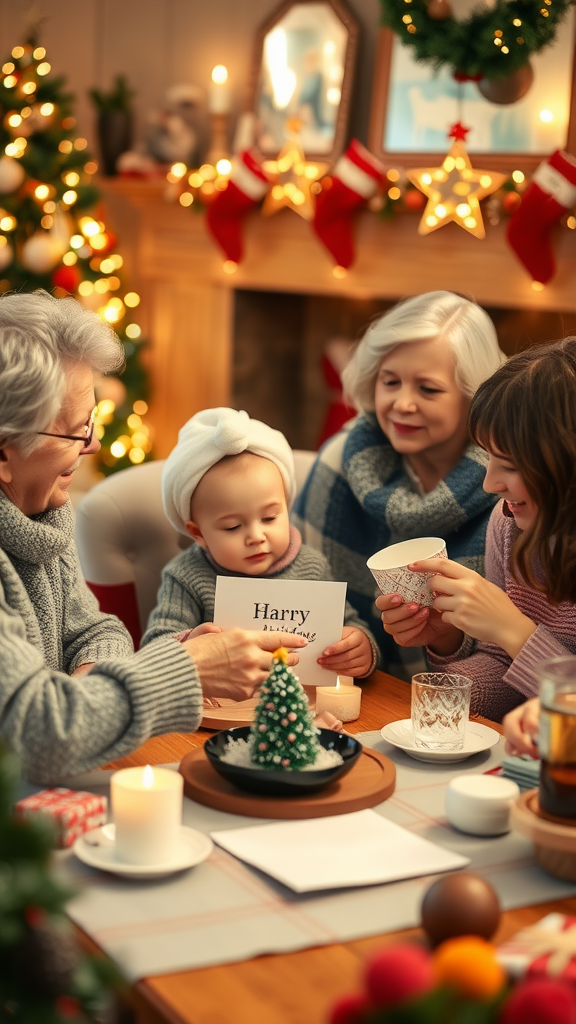 A family gathering around a table decorated for the holidays, celebrating and sharing greetings with a child holding a card.