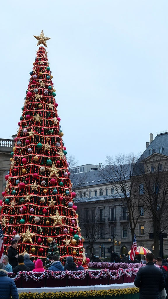 A beautifully decorated Christmas tree with colorful ornaments and lights, surrounded by people enjoying the festive atmosphere.