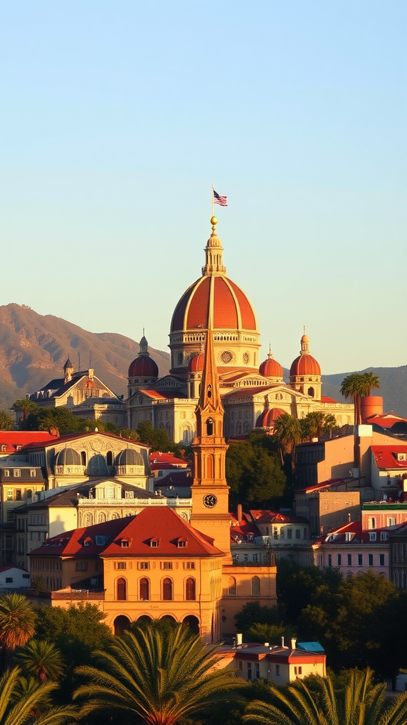 A beautiful cityscape featuring a prominent dome and clock tower at sunset, with vibrant buildings and surrounding hills.