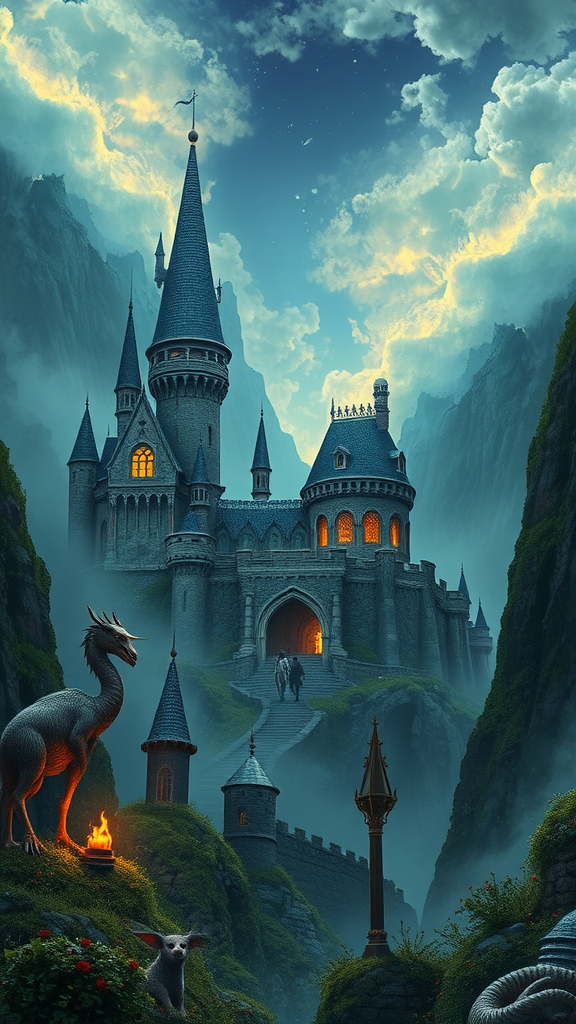 Fantasy landscape featuring a castle with spires, a dragon, and a dramatic sky