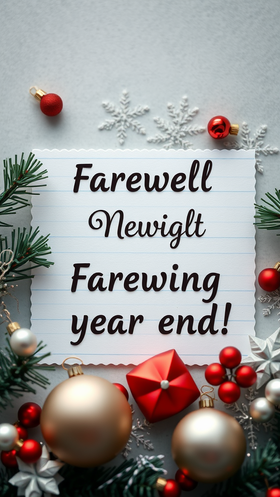 A festive note saying 'Farewell Newgilt Farewing year end!' surrounded by Christmas decorations