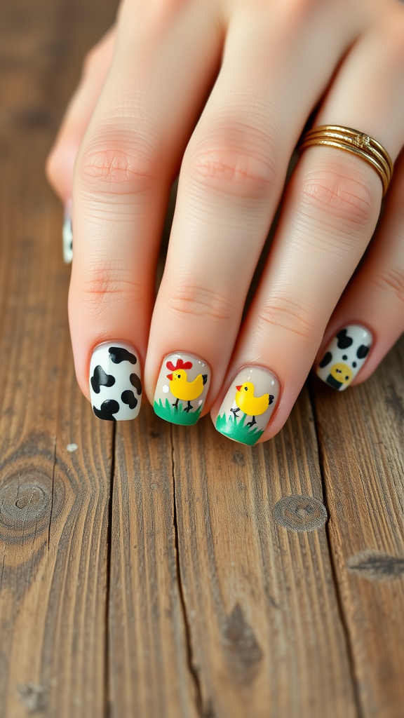 Nail art featuring yellow chicks and cow print on a wooden table