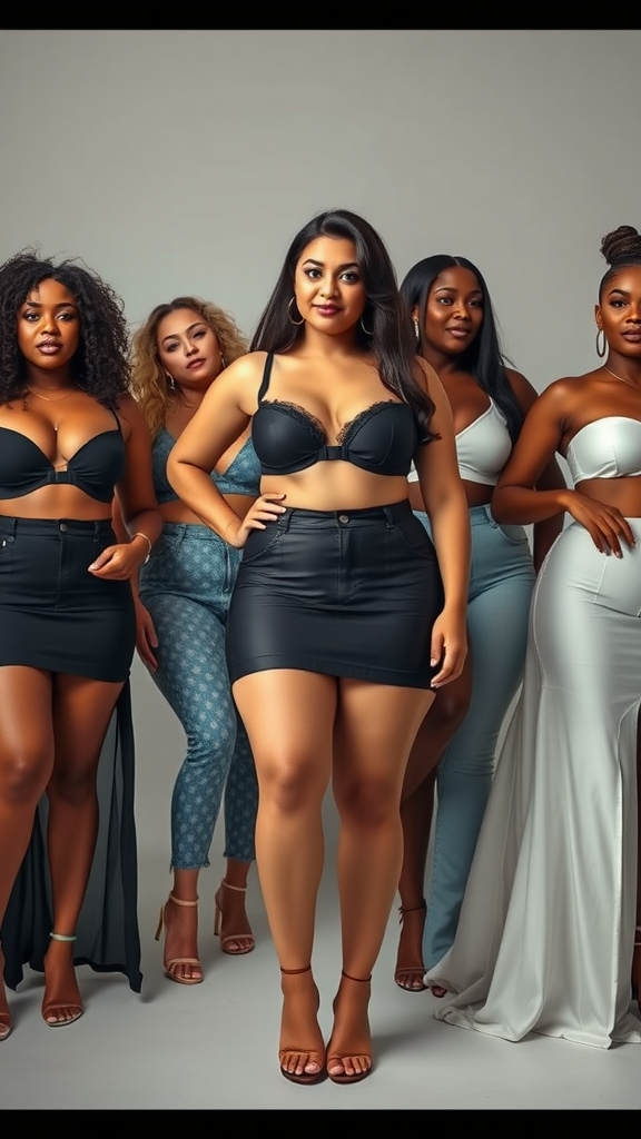 A diverse group of five women standing confidently, showcasing a variety of stylish outfits.