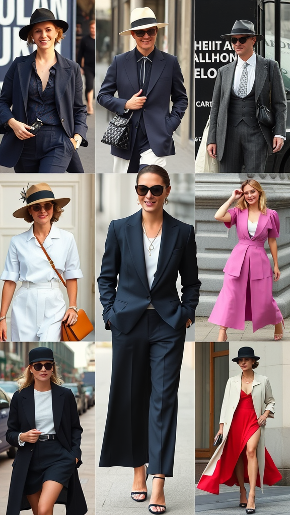 A collage of fashionable individuals showcasing various styles, including suits, elegant dresses, and accessories like hats and sunglasses.