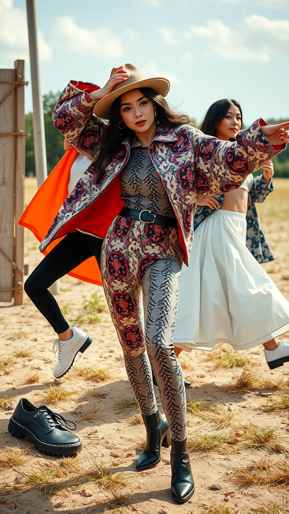 A vibrant fashion scene with models showcasing stylish outfits in a natural setting.