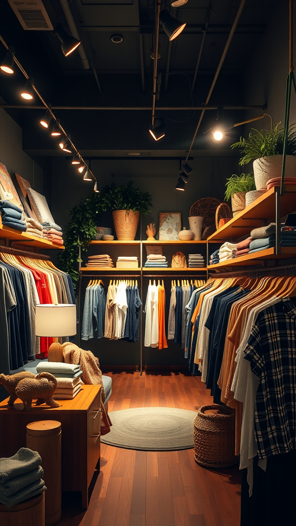 A cozy and stylish clothing retail space with neatly arranged shelves, warm lighting, and decorative plants.