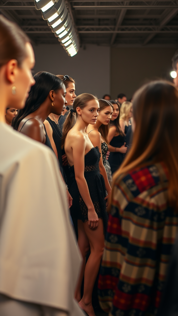 Models backstage at a fashion show preparing to walk the runway.