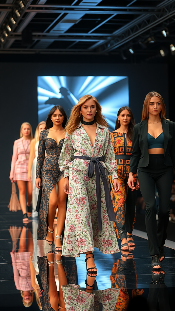 Models walking the runway showcasing a variety of fashionable outfits at a fashion show.