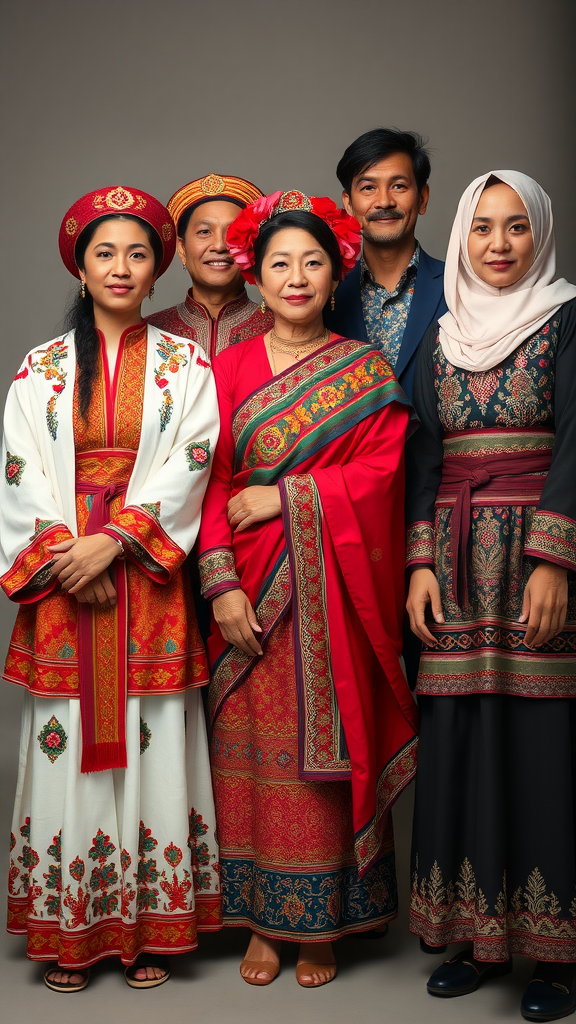 Group of individuals wearing traditional cultural attire, showcasing diverse styles and vibrant colors.