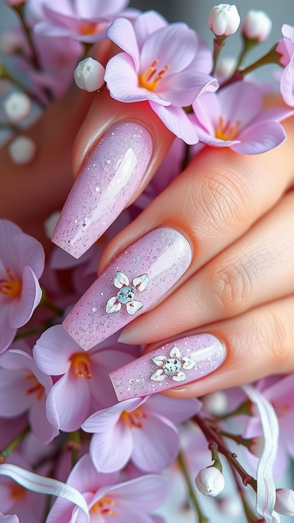 Beautiful lilac nails adorned with glitter and floral designs, surrounded by pink flowers.