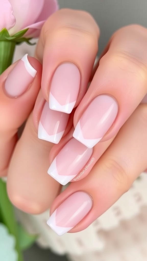 Close-up of feminine ruffle French tips on nails with light pink polish and white tips