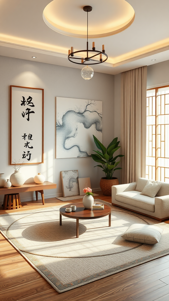 A beautifully arranged interior space reflecting Feng Shui principles with soft colors, natural light, and harmonious decor.
