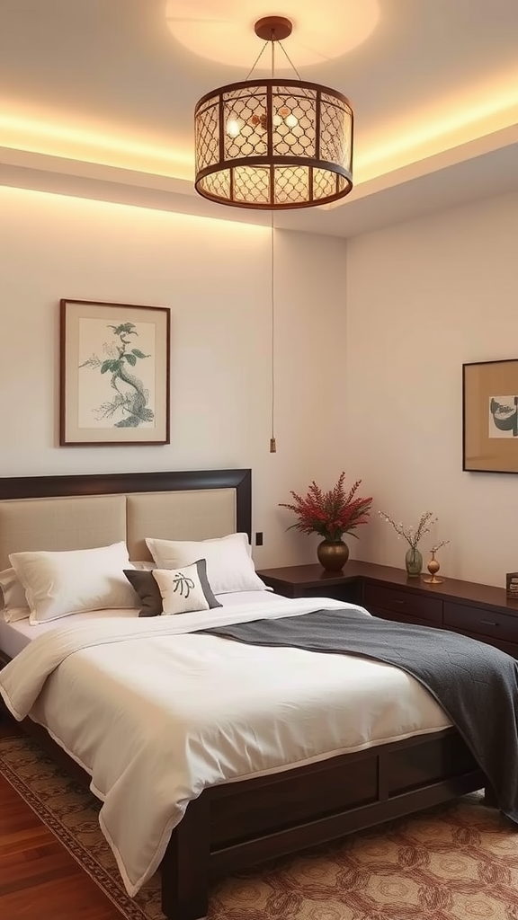 A serene bedroom with a warm light, featuring a bed with a headboard, decorative pillows, a stylish lampshade, and plants.