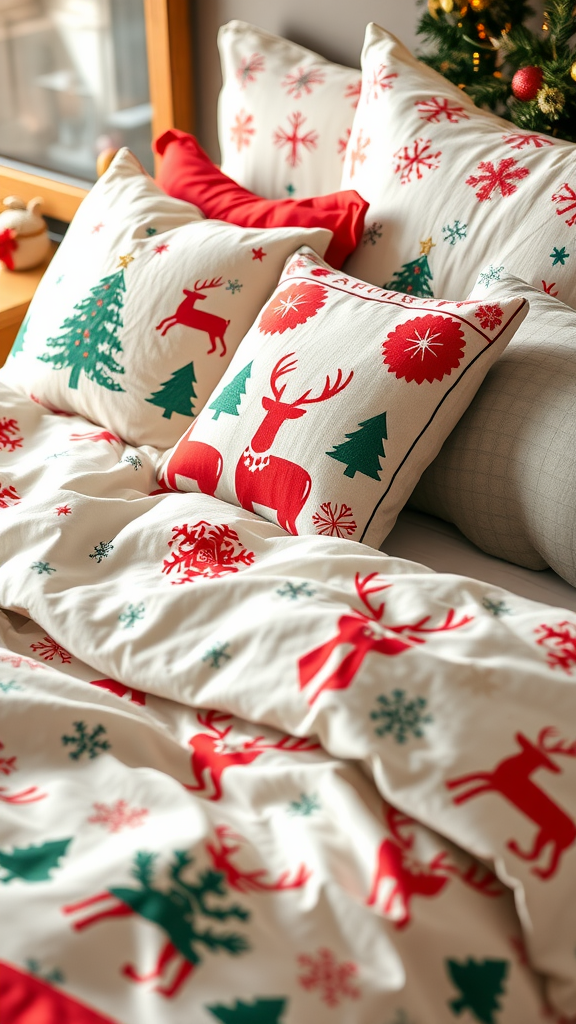 A cozy bed with festive bedding featuring reindeer, Christmas trees, and snowflakes designed in red and green.