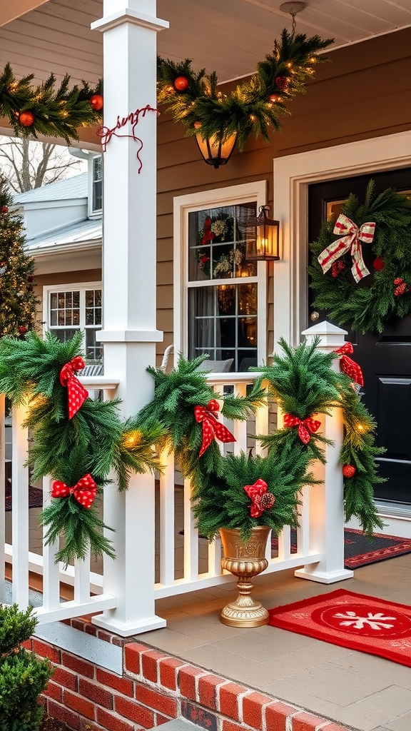 A festive porch decorated with garlands, red bows, and soft lights.