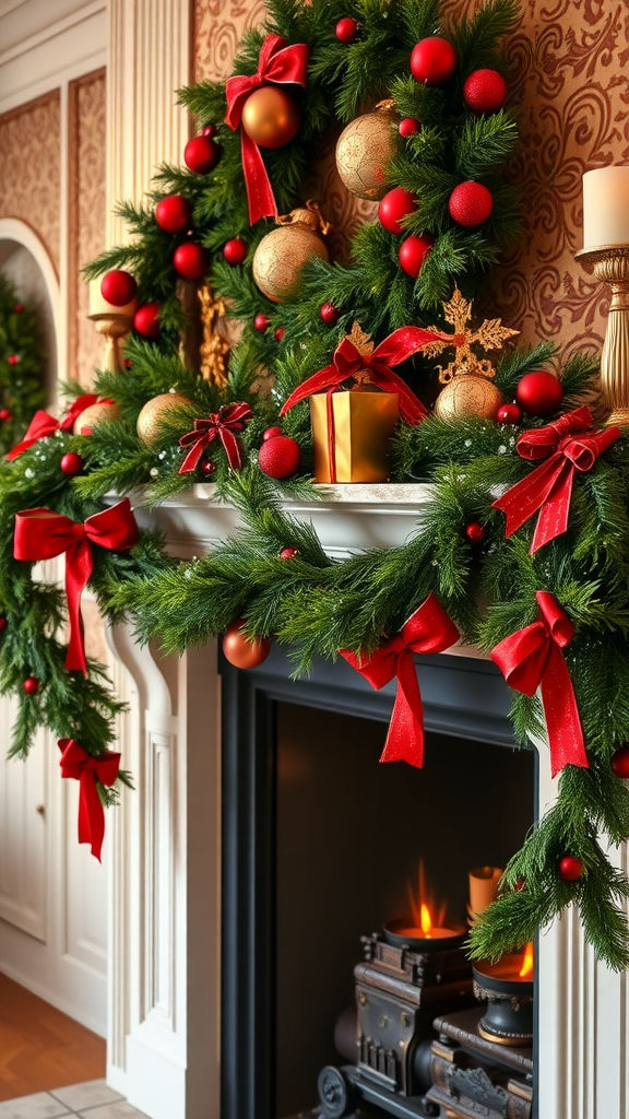 A richly decorated garland with red and gold ornaments, ribbons, and a gift on a mantel above a fireplace.