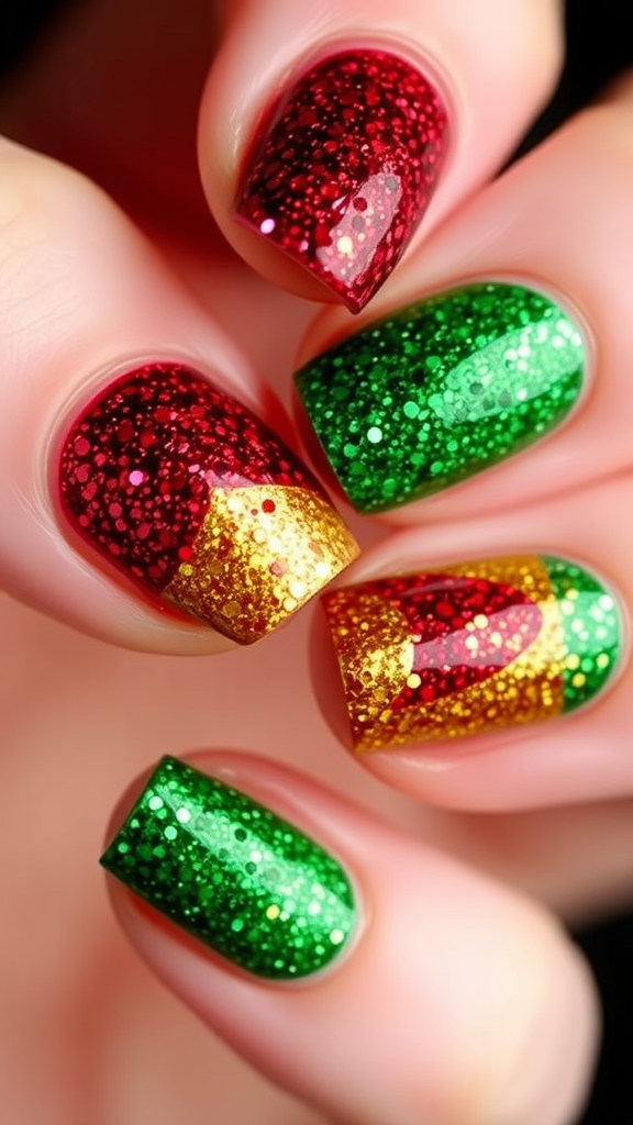 Close-up of festive glitter gradient nails in red, green, and gold.