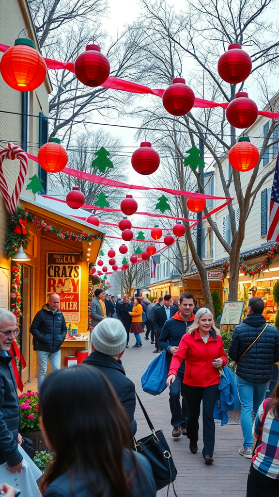 A festive street scene decorated with red lanterns and green trees, bustling with people enjoying community events.