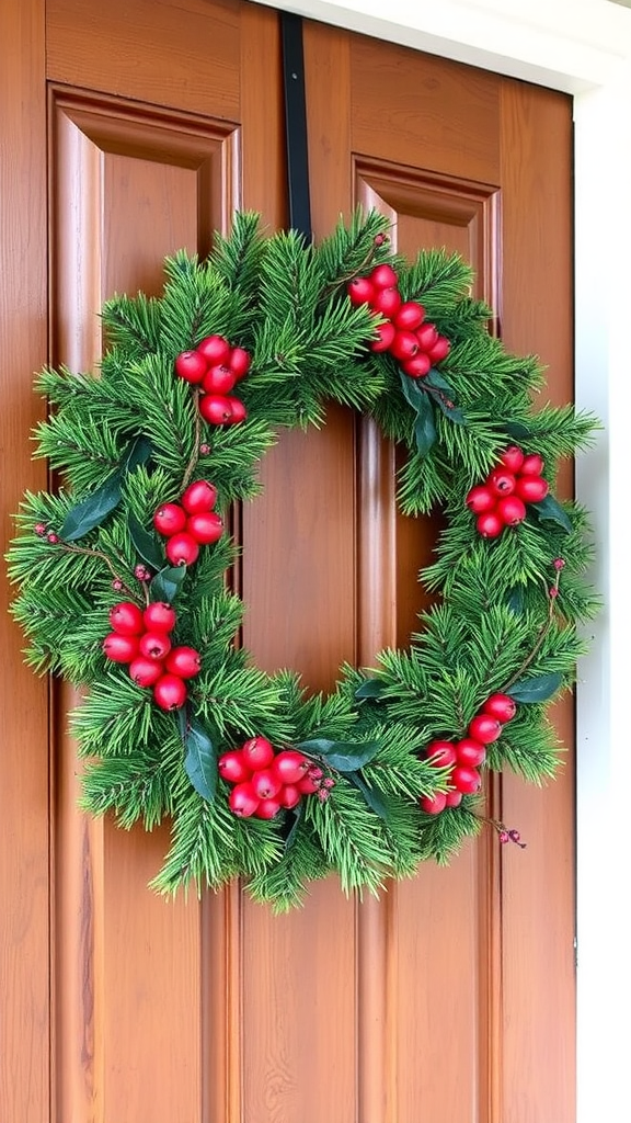 A festive holiday wreath with red ornaments on a wooden door