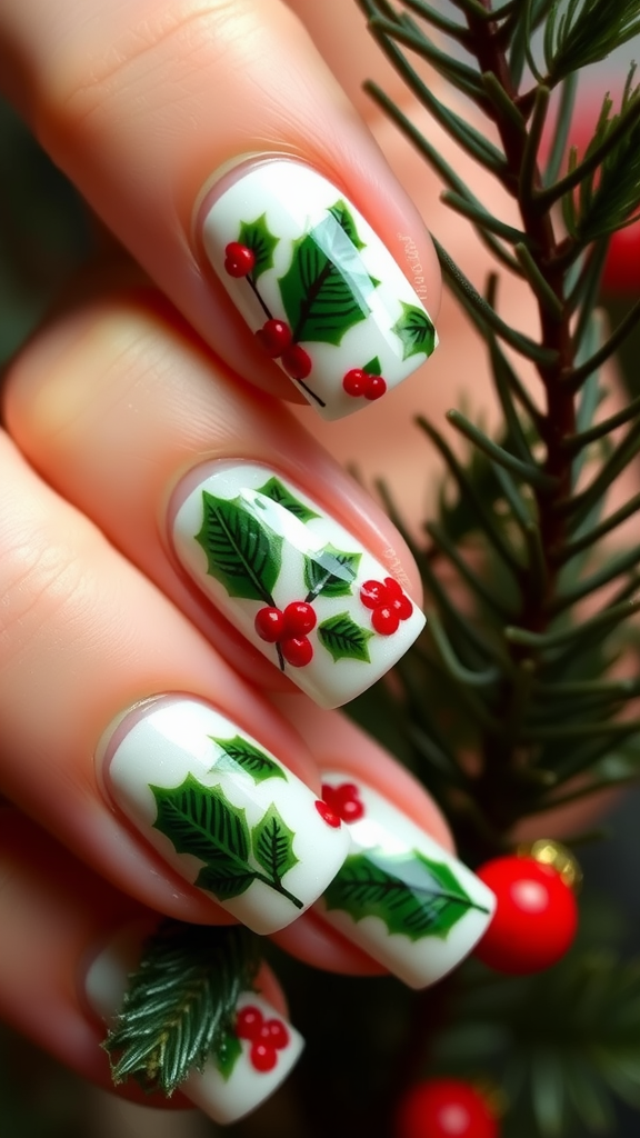 Nails decorated with holly and berry designs, set against a backdrop of holly leaves.