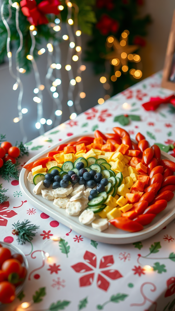 A colorful veggie platter with tomatoes, cucumbers, blueberries, and more, set against a festive background.