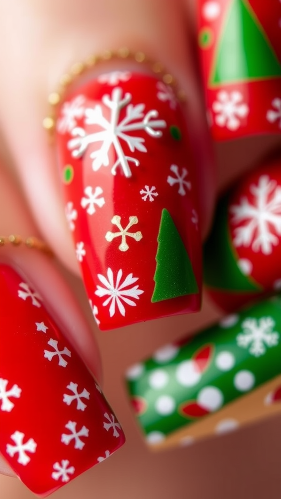 Close-up of festive red and green nail designs featuring snowflakes and Christmas trees.