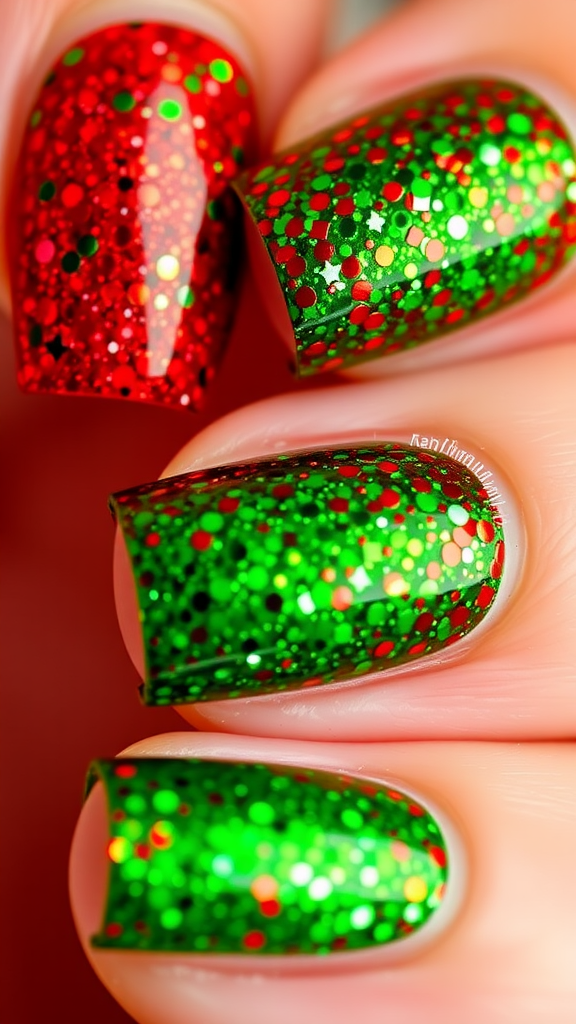 Close-up of red and green glitter nail polish.