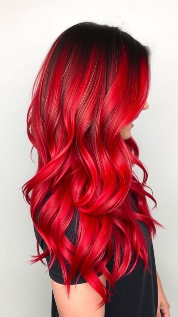 A woman with fiery red ombre hair styled in loose waves, showcasing a gradient from red to darker shades.