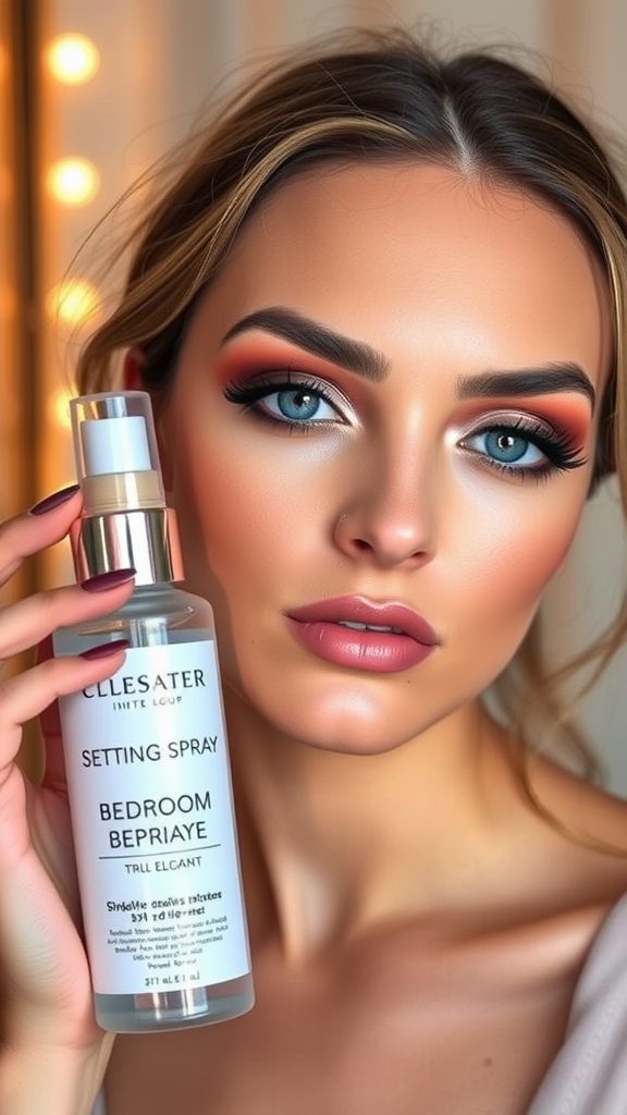 A woman holding a setting spray product, smiling with beautiful makeup.