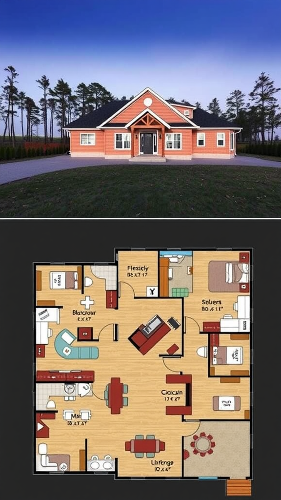 Image showing the exterior of a house and its floor plan.