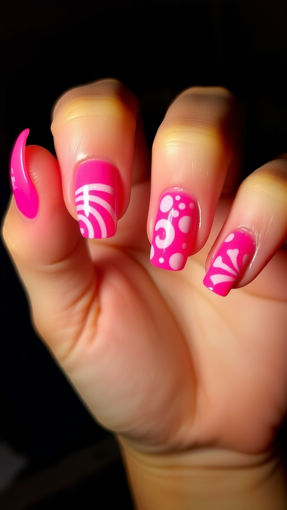 A close-up of a hand displaying neon pink nails with various designs.