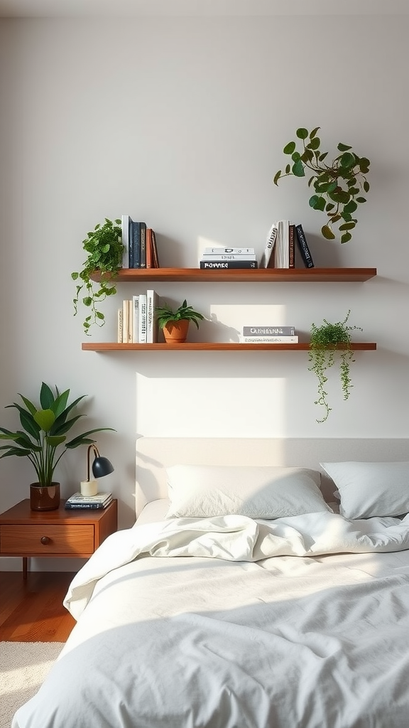 A cozy bedroom featuring floating wooden shelves with books and potted plants, alongside a bed and bedside table.
