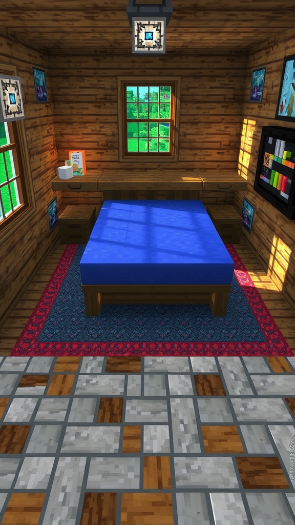 Cozy room interior with mixed flooring styles featuring a blue bed and wooden accents.