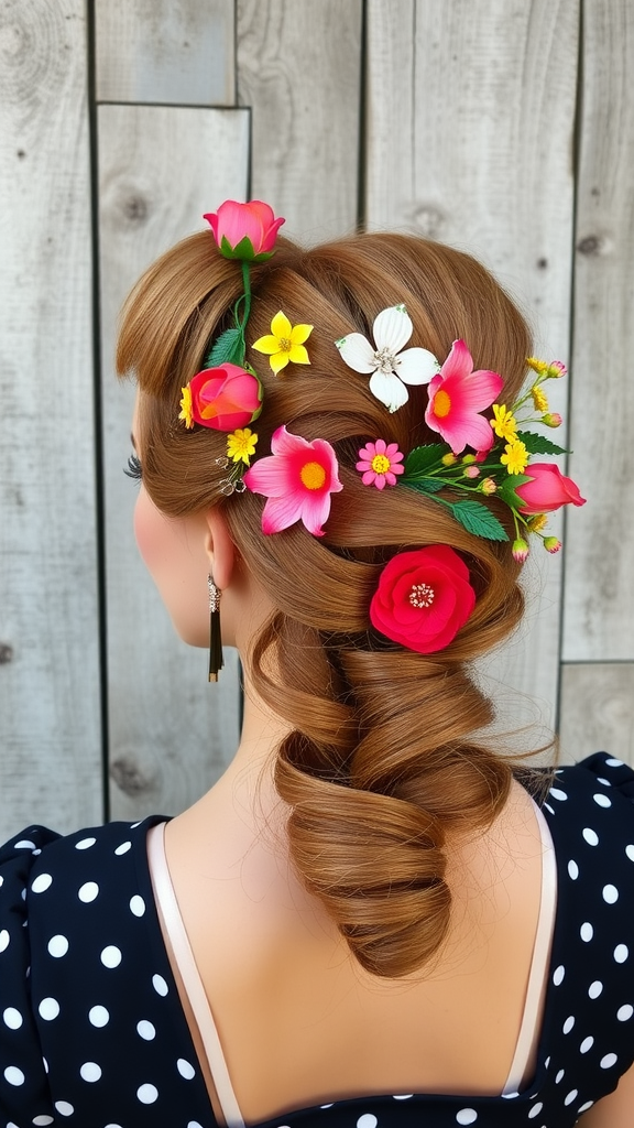 A hairstyle featuring various colorful floral hairpins arranged beautifully.