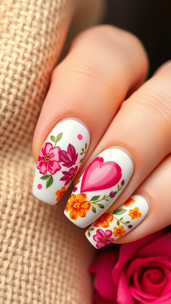 Nail art featuring floral designs and heart shapes on a white background.